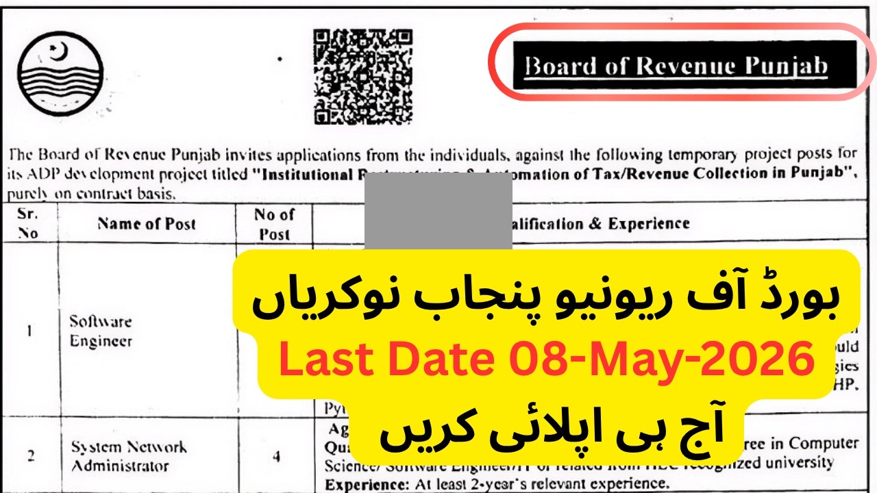 Board of Revenue Punjab Jobs 2026 | Software Engineer, Network & Naib Qasid | Apply Before 8 May