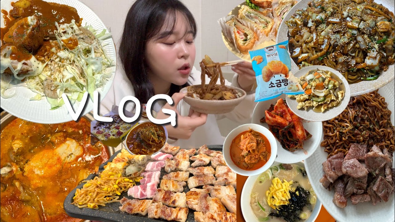 VLOG | 먹방 브이로그 | 2달만에 왜 10kg가 쪘을까 껄껄 ( 집밥 수제돈가스 만들기, 떡 만둣국, 쟁반짜장, 탕수육, 짜파게티,삼겹살, 비지찌개, 소고기 , 요리 브이로그