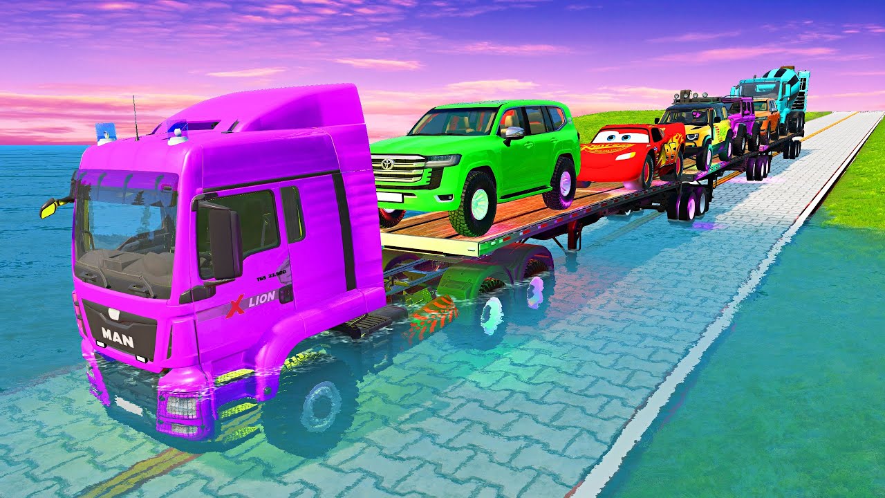 Triple Flatbed Trailer McQueen Transportation with Truck   Speedbumps vs Cars vs Train   BeamNG #06