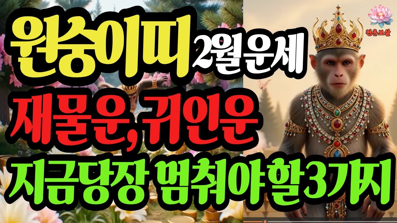원숭이띠, 2026년 2월 운세, 재물운, 귀인운, 지금 당장 멈춰야할 3가지 #재물운 #사주명리학강의 #유튜브 #결혼운 #원숭이띠운세 #병오년 #천운보살
