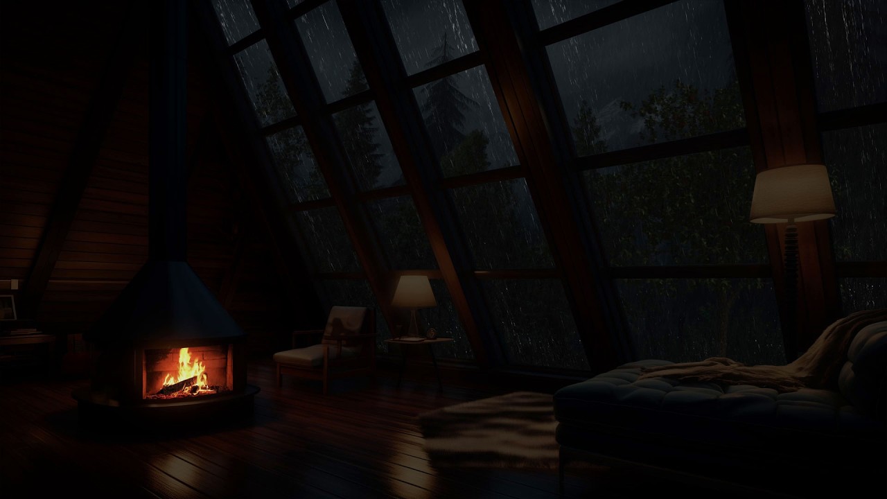 Noite tranquila em sótão acolhedor com lareira e chuva da floresta tropical para relaxar