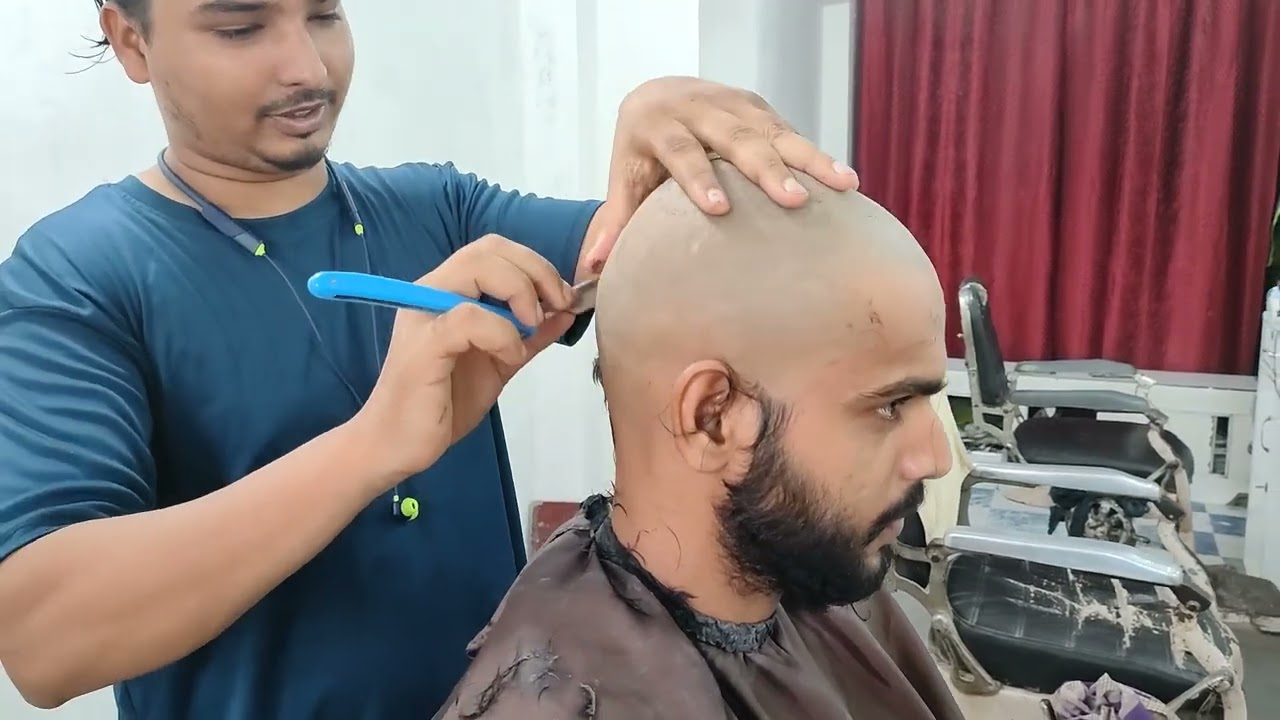 Headshave By Indian Barbar mottai shaving!
