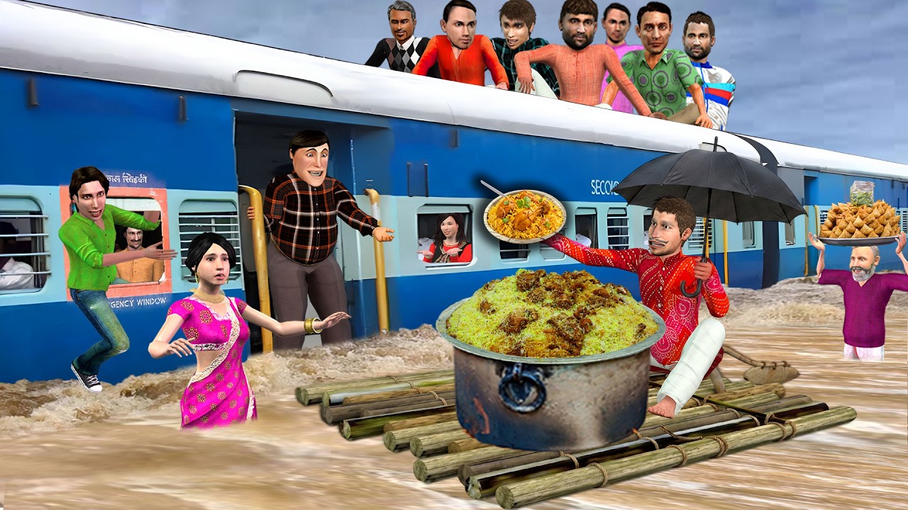 Heavy Rain Train Floods Floating Biryani Wala Lalchi Hindi Kahani Moral Stories Funny Comedy Video