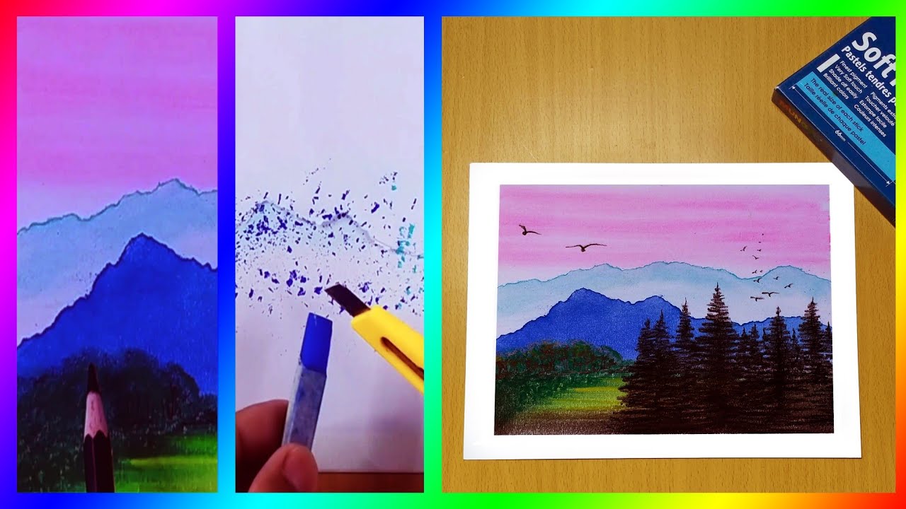 How to Draw Mountain Through Easiest Technique - Soft Pastel Nature Scenery Drawing