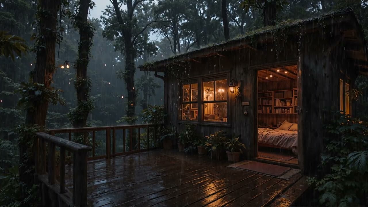 Тихий дождь над тихой хижиной в лесу ночью 🌧 | Спокойные звуки дождя для сна