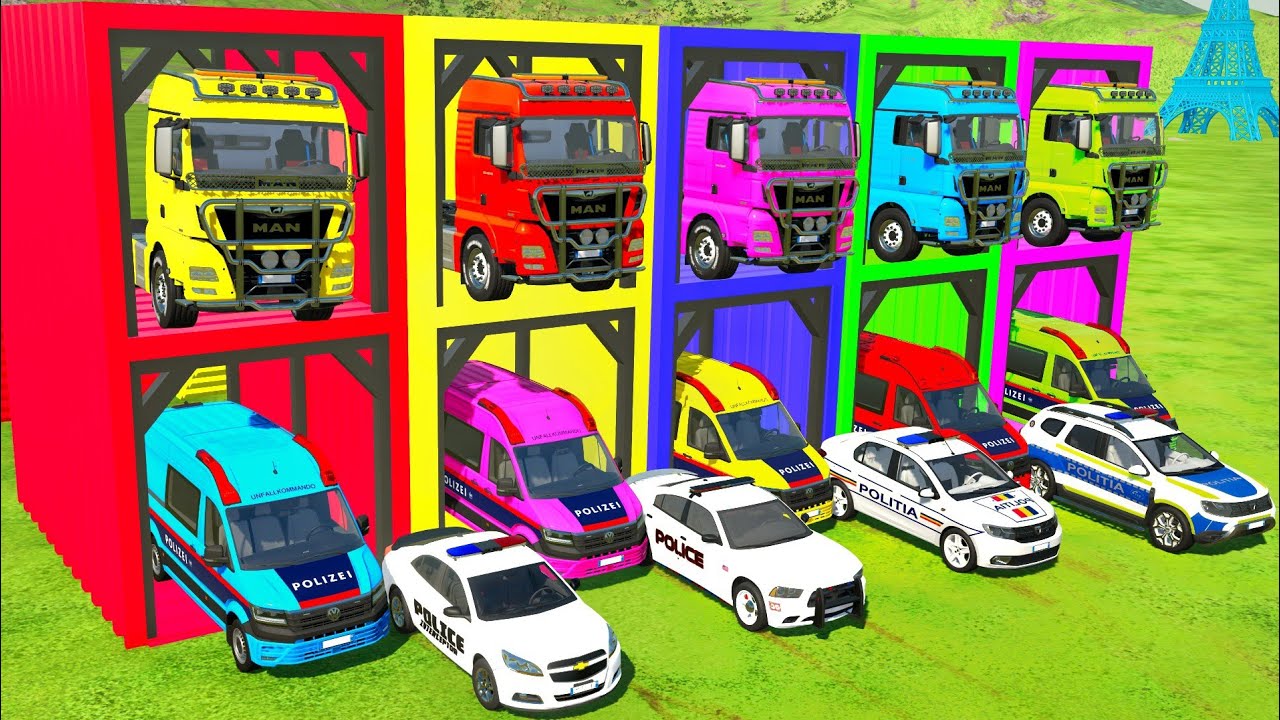 TRANSPORTING ALL POLICE CARS and AMBULANCE EMERGENCY VEHICLES WITH MERCEDES POLICE TRUCKS! FS22