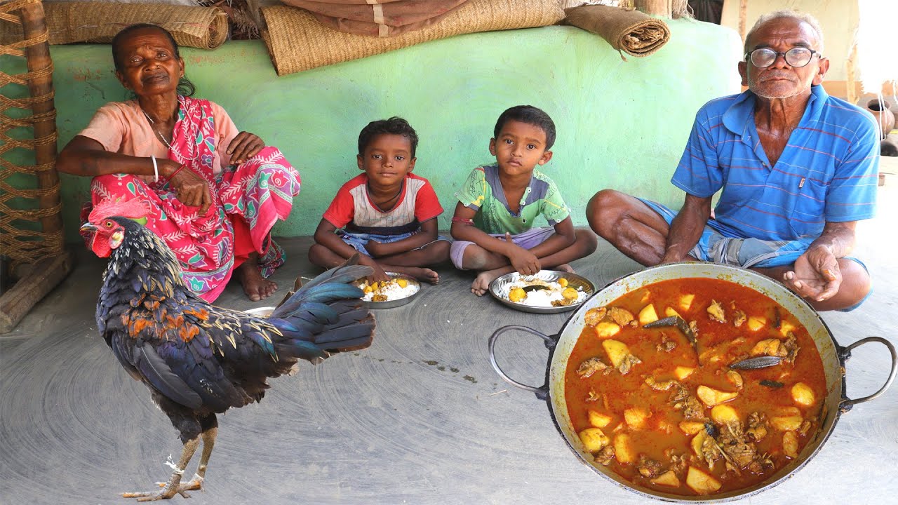 BLACK COUNTRY CHICKEN CURRY COOKING & EATING | indian tribal village cooking