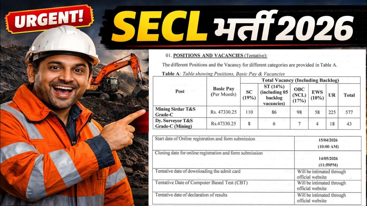 SECL Recruitment 2026: 1055 Vacancies!🔥Mining Sirdar & Assistant Foreman | Only CBT! 🚀 Full Details!