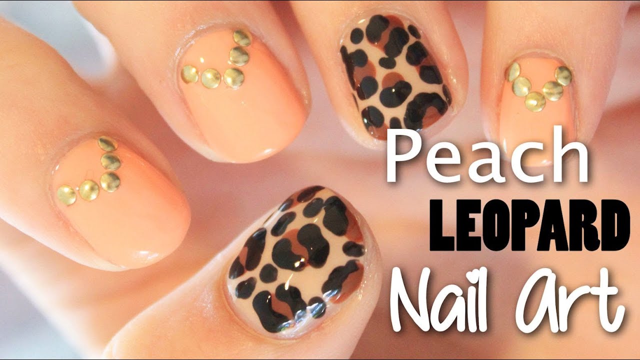 Studded Peach and Leopard Nail Art | TotallyCoolNails