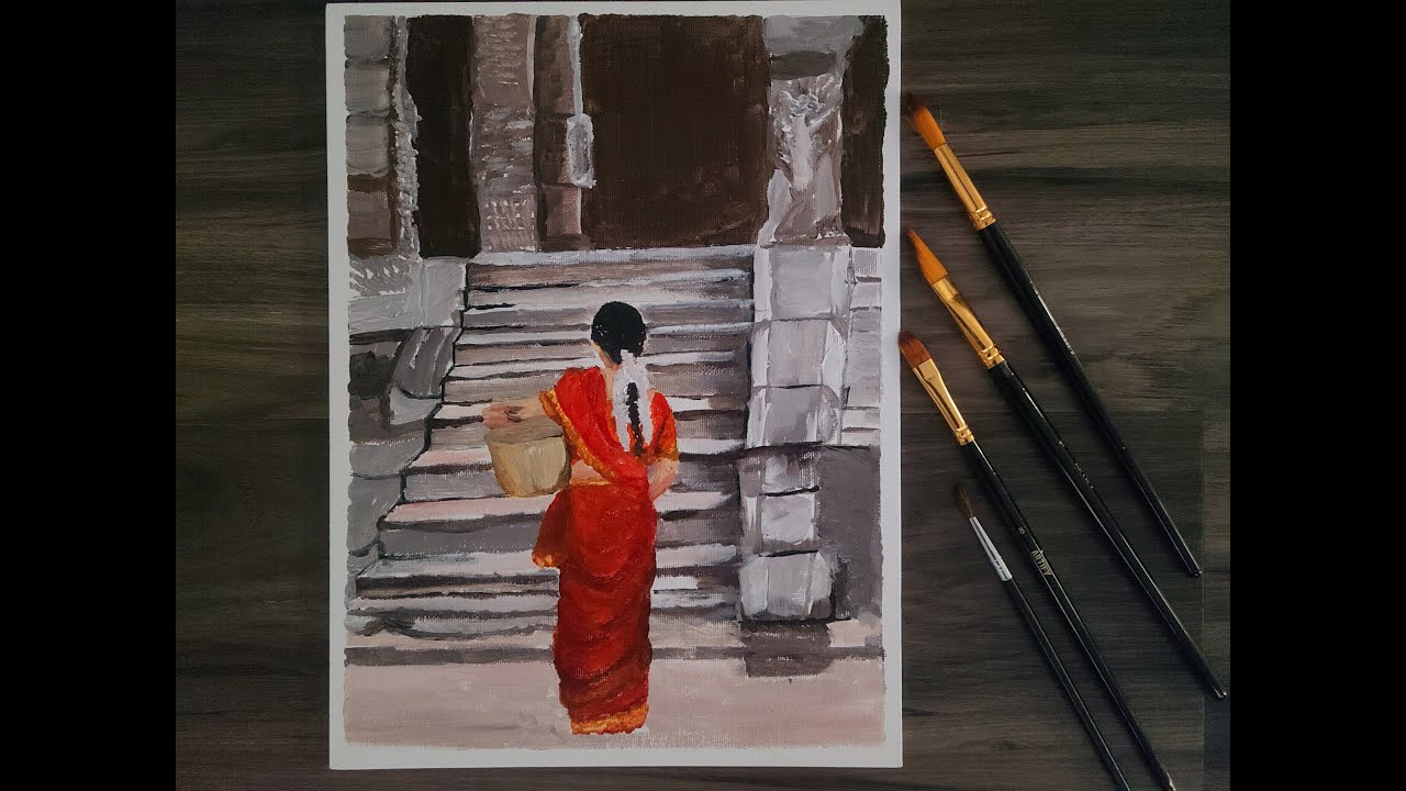 How to paint an Indian girl walking to temple | Acrylic painting | Easy painting for beginners