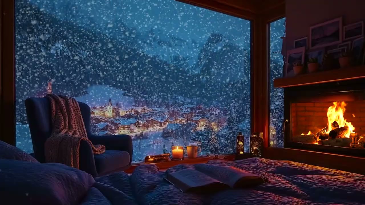 Snowfall at a Serene Mountain Cabin with Warm Fireplace Ambience for Sleep, Study and Relaxation