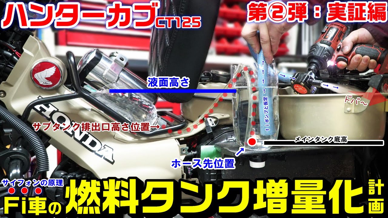 【ハンターカブ/CT125】燃料タンク増量化計画第②弾｜ｆｉ車タンク連結化にのホース繋ぎ方と穴あけ加工位置