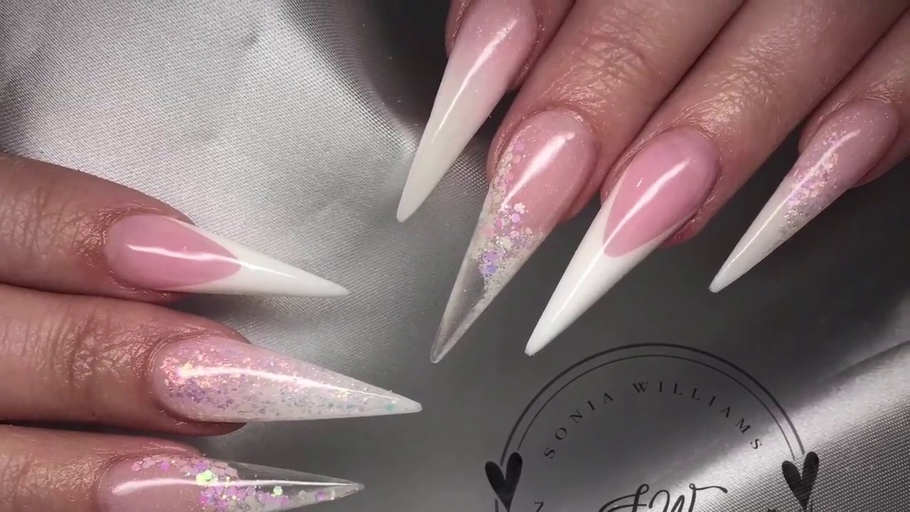 Pink & White Long Stiletto Nails | Acrylic Nails