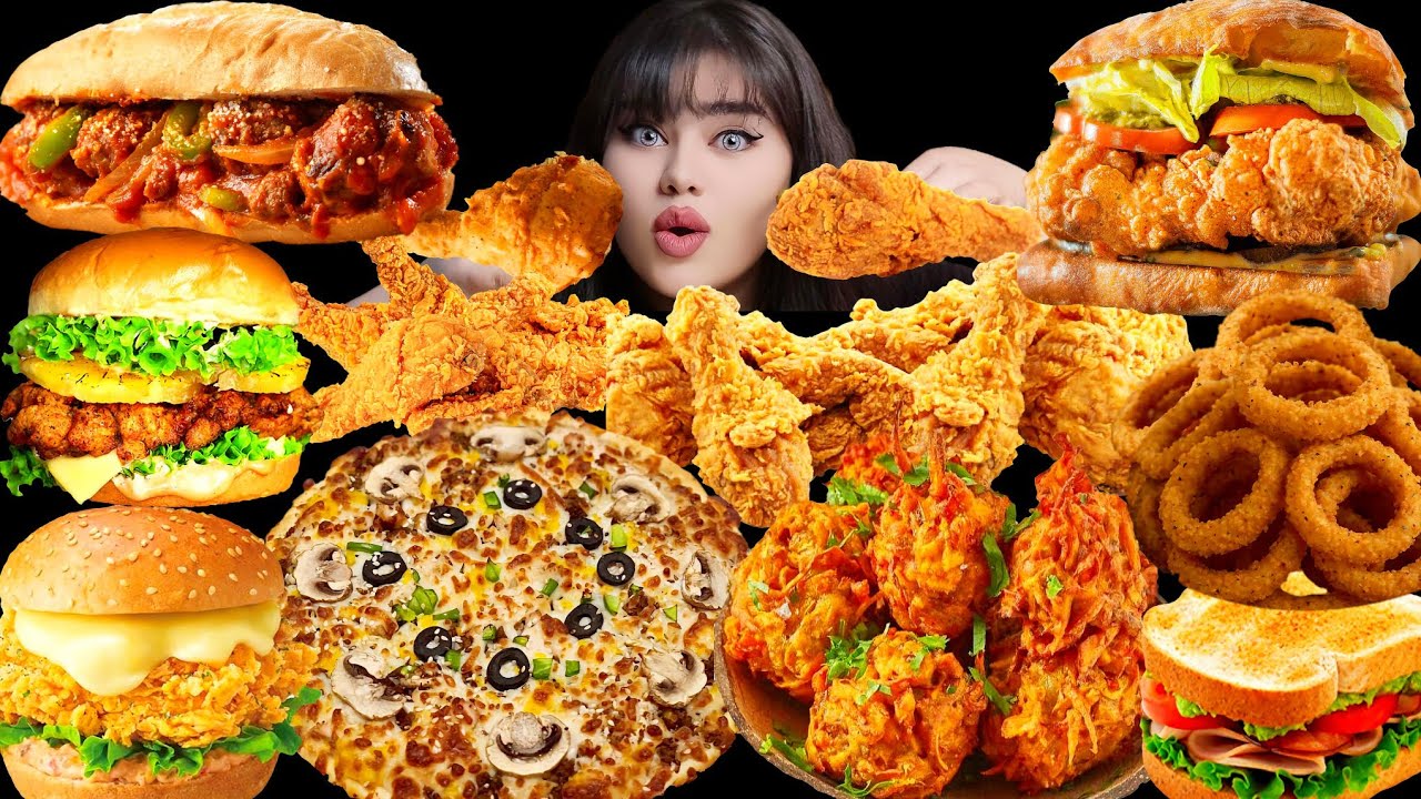 ASMR Fried Chicken, Pizza, Burger, Hot Dog, Onion Rings, Pakora & Fries | Mukbang Compilation