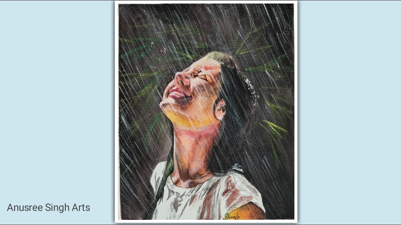A girl in the rain. How to paint with acrylics. Acrylic painting. Easy acrylic painting ideas.