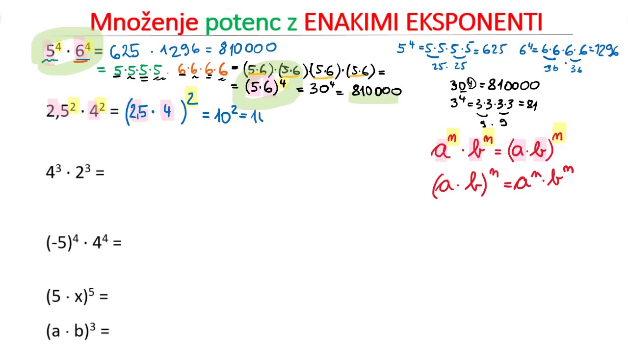 MNOŽENJE potenc z ENAKIMI STOPNJAMI - Kako množimo potence z enakimi eksponenti?