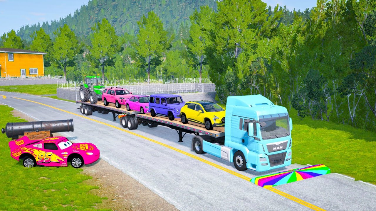 Flatbed Truck Mcqueen | Transportation with Truck - Pothole vs Car #06 - BeamNG.Drive