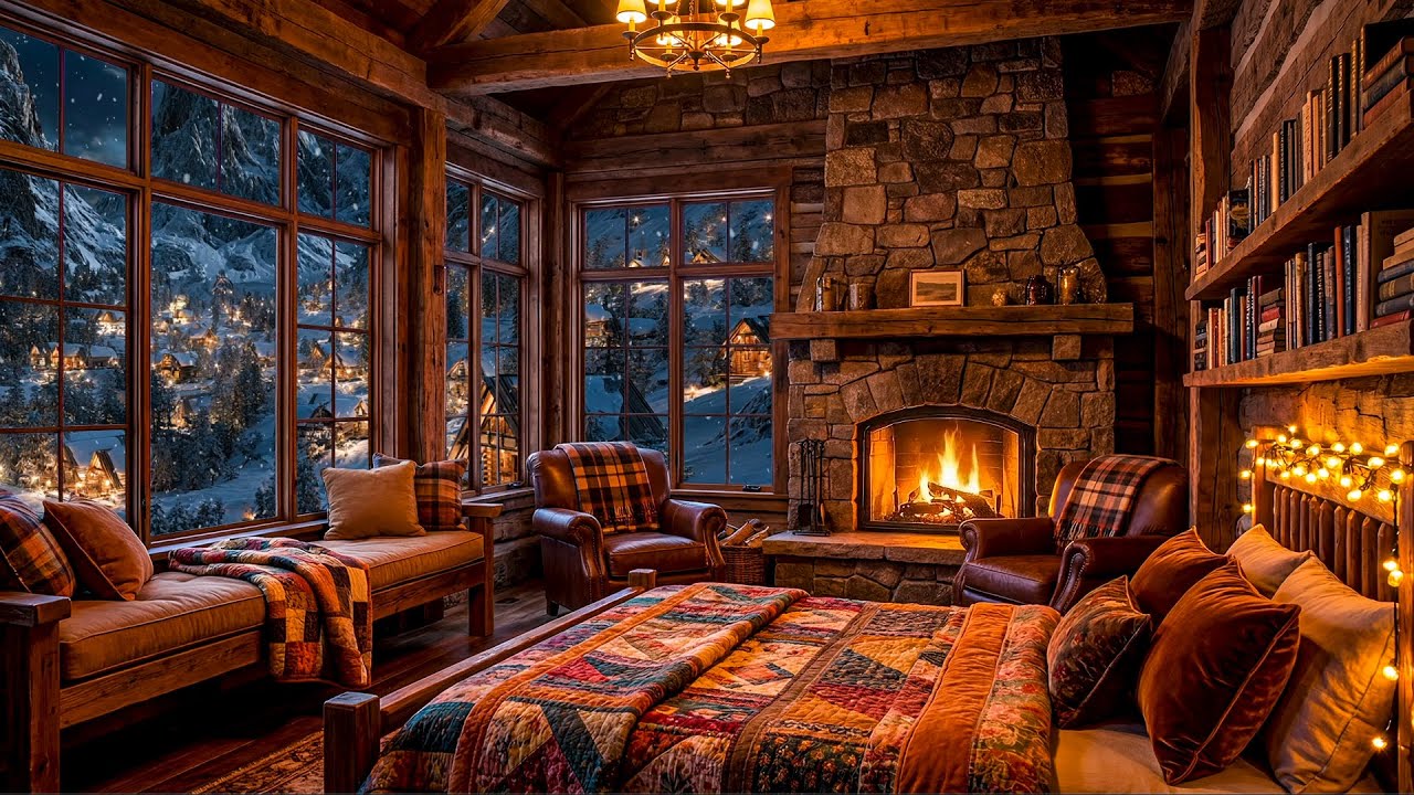 Warm Winter Cabin by the Fire: Snowfall and Crackling Fireplace for Peaceful Ambience