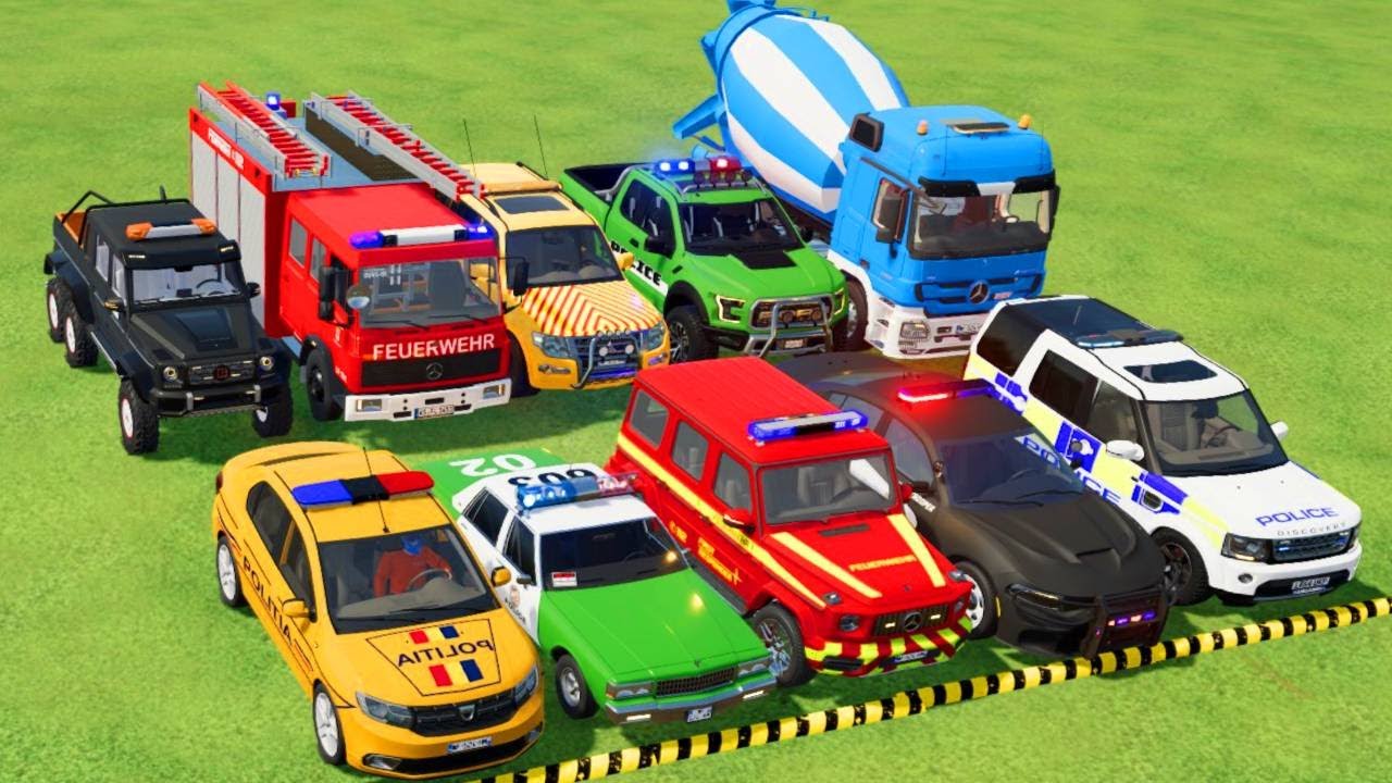 TRANSPORTING POLICE CARS, AMBULANCE, FIRE TRUCK, COLORFUL CARS WITH TRAIN -FARMING SIMULATOR 22!