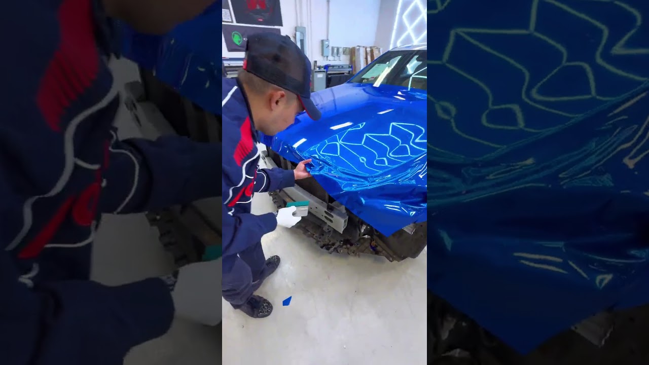 One of the craziest cars I've ever worked on! Candy Blue Car Wrapping! #carwrap #satisfying