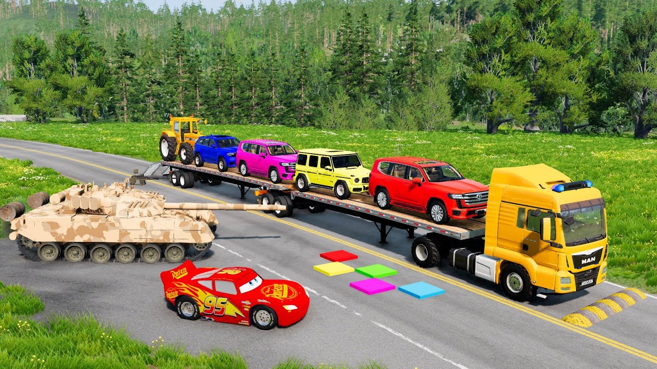 Flatbed Truck Mcqueen | Transportation with Truck - Pothole vs Car #091 - BeamNG.Drive