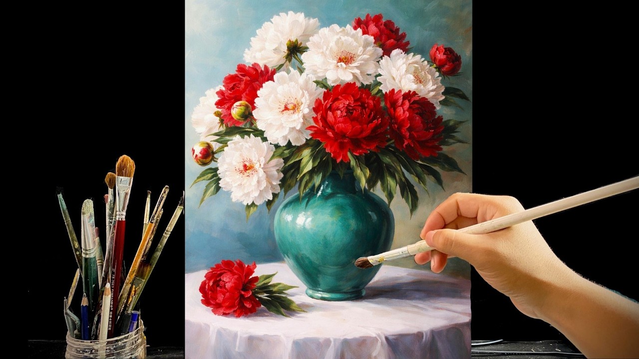 🎨 Painting Red & White Peonies in a Green Vase | Relaxing Acrylic Still Life Tutorial | #183