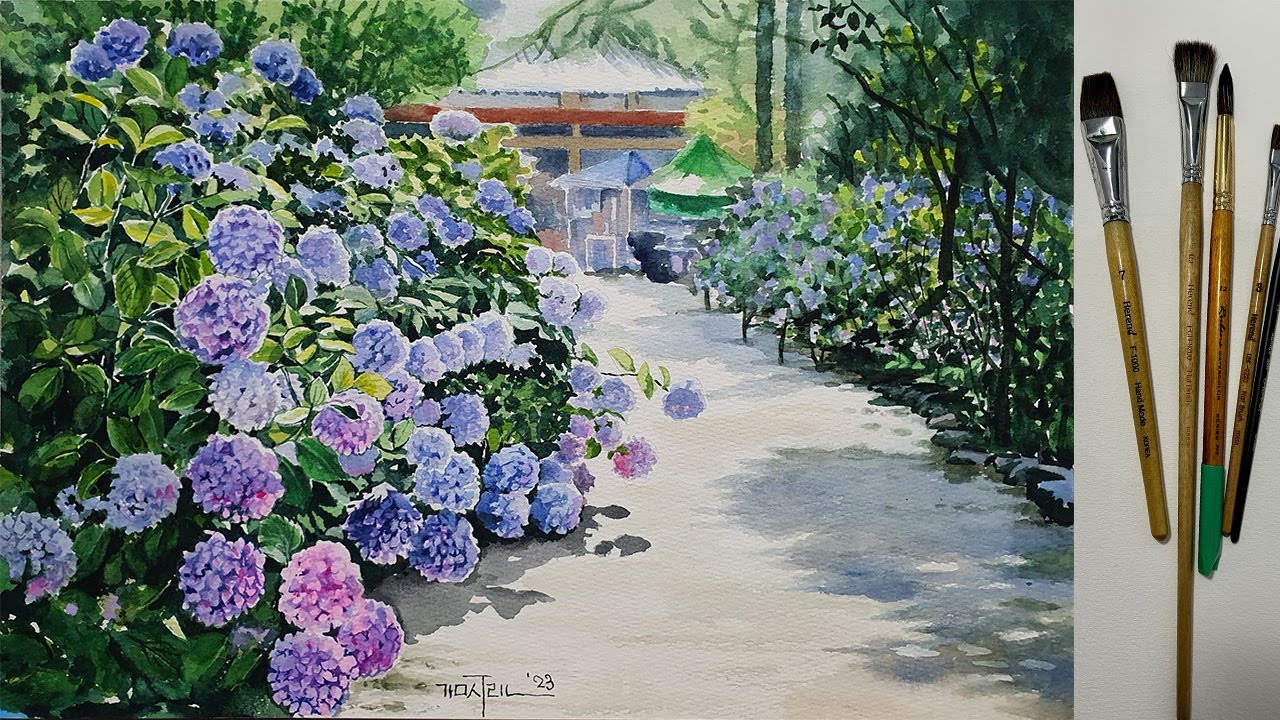Hydrangeas: Watercolor Painting Landscape