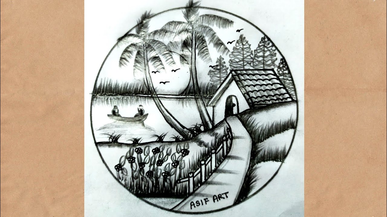 Simple Village Scenery Sketch | Easy Pencil Drawing