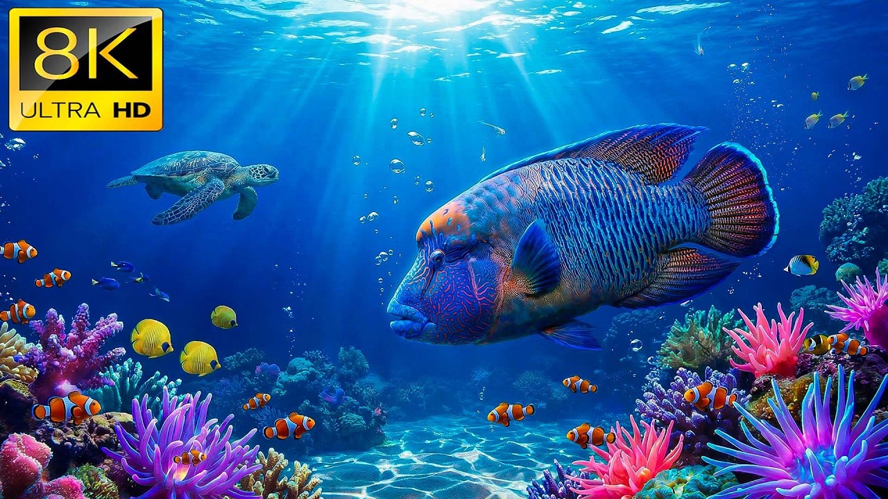 8K HDR Отдых в окружении морской фауны 🐠 Тропические рыбки плавают в ярком коралловом рифе