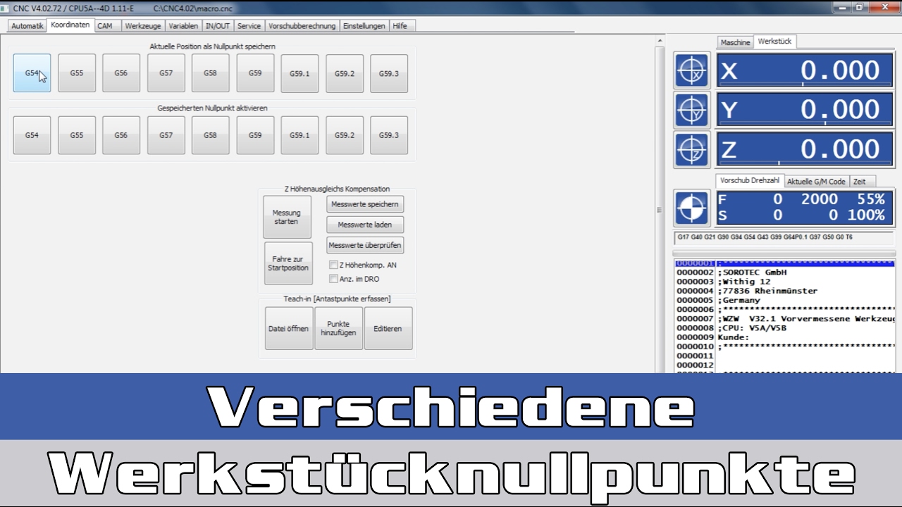 Werkstück Nullpunkt G54 + G55 Eding CNC || Sorotec || Portalfräsen & CNC-Zubehör