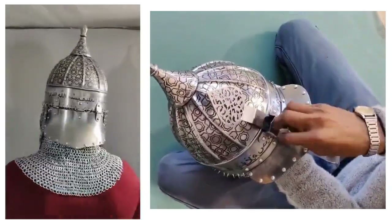 Islamic Warrior Helmet with Chainmail Aventail | Hand-Engraved Steel Armor | Medieval Islamic Helmet