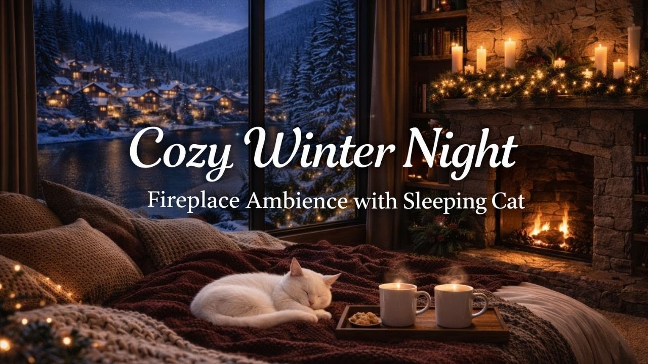 Peaceful Winter Cabin 🌙 Fireplace, Snow & Cozy Ambience