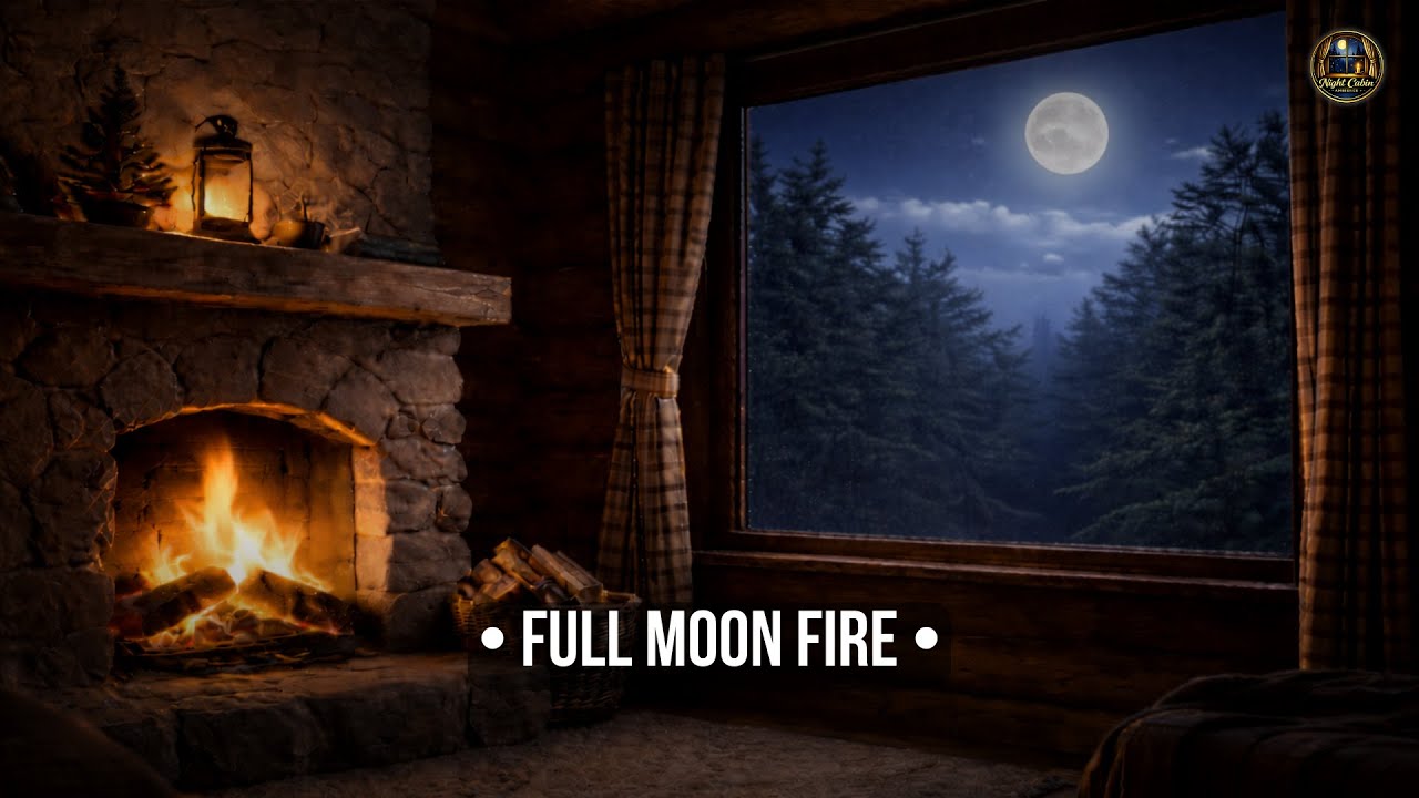 Night Cabin Ambience • Full Moon Fireplace 10 Hours Deep Sleep