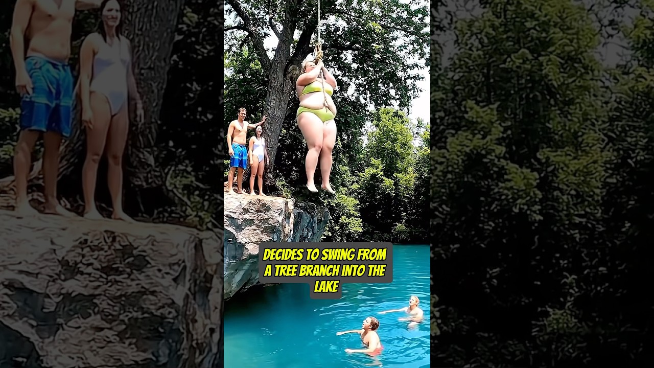 Fat Lady Swings from Tree into Lake!