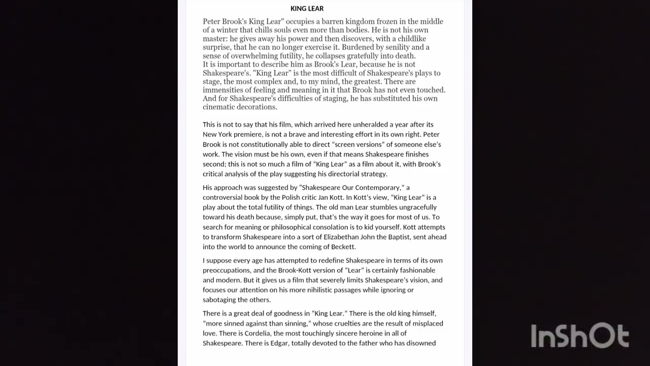 MA English | Shakespeare studies | Peter Brook's King Lear summary in malayalam
