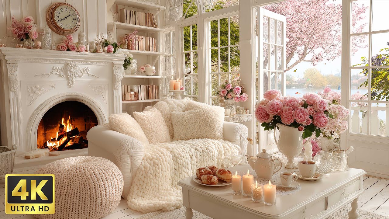 4K Soothing Piano Music & Fireplace Sounds | Cozy Living Room Ambience for Anxiety Relief and Calm