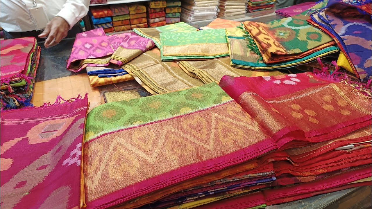 Pothys Pure Pochampalli Silk Cottons | Ikkat Kora Muslin Double Tone Paithani Kadi Georgette Sarees