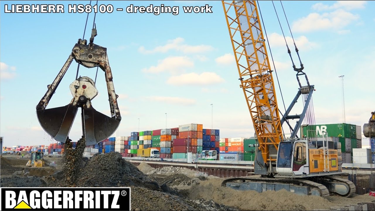 Liebherr HS8100 cable excavator at dredging work with clamshell