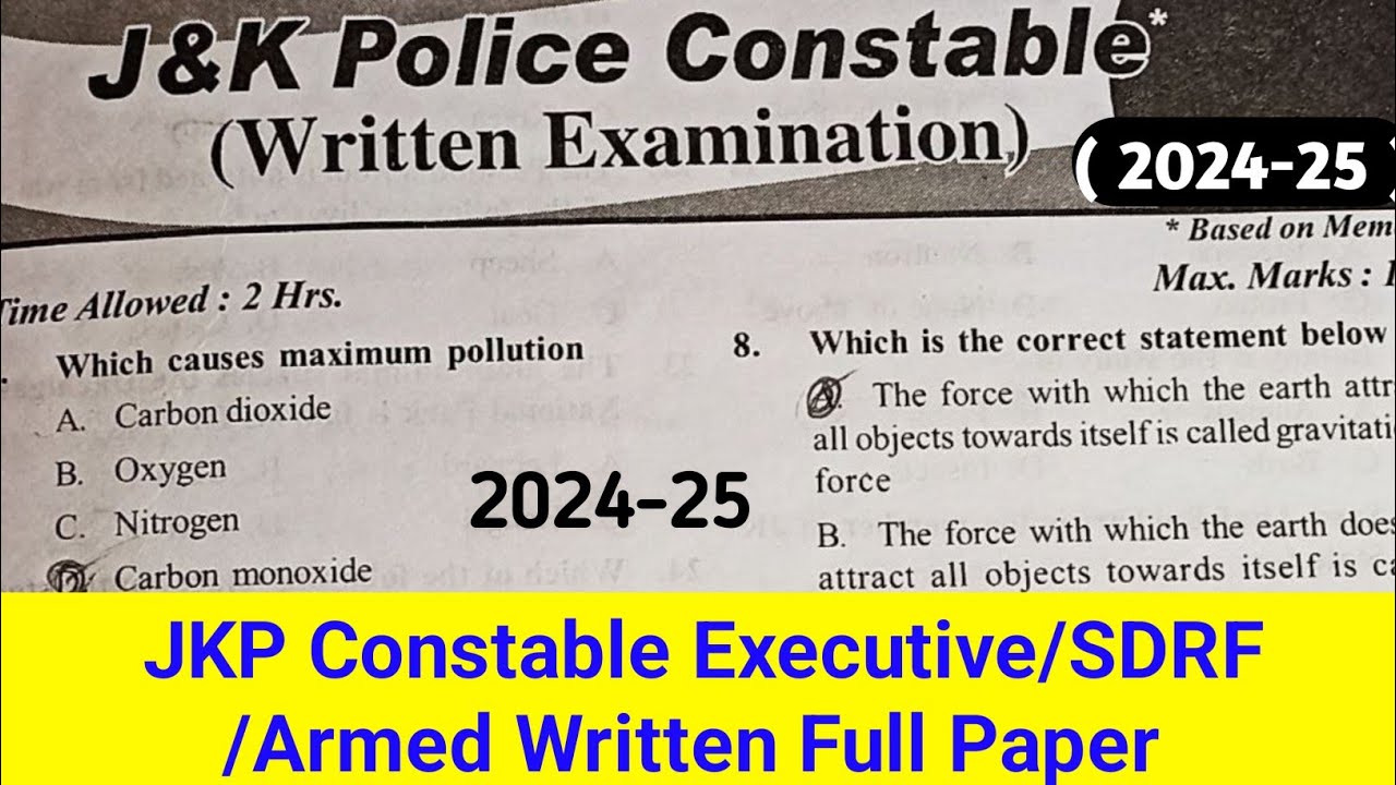 JKP Old Paper || J&K Police Constable 2024-25 Previous Year Old Paper || Full solved Paper