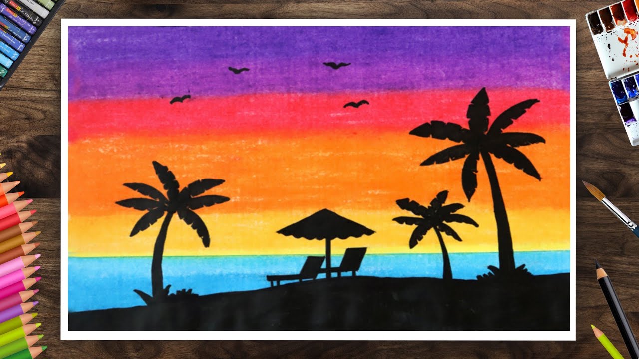 Drawing scenery of summer with oil pastel || Beach scenery drawing step by step