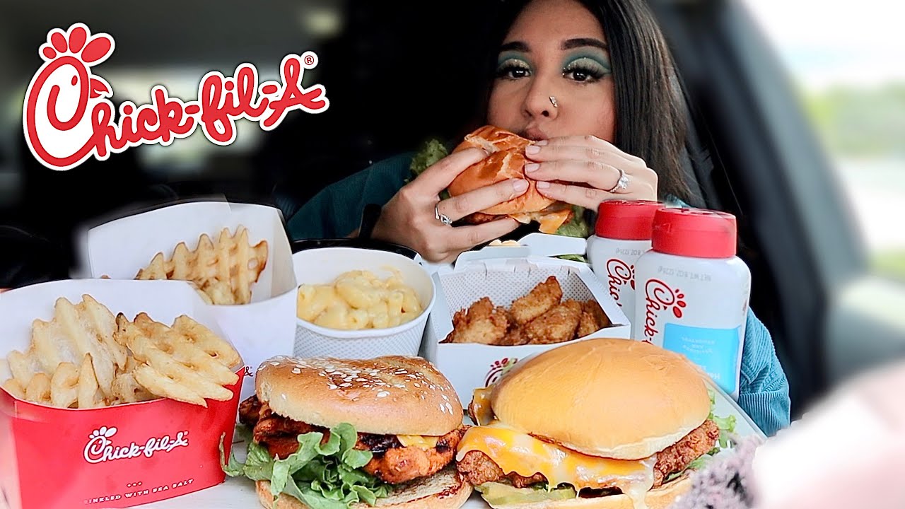 Chick-Fil-A MUKBANG! Grilled Spicy Deluxe Chicken Sandwich, Mac N Cheese, Large Fries, Nuggets