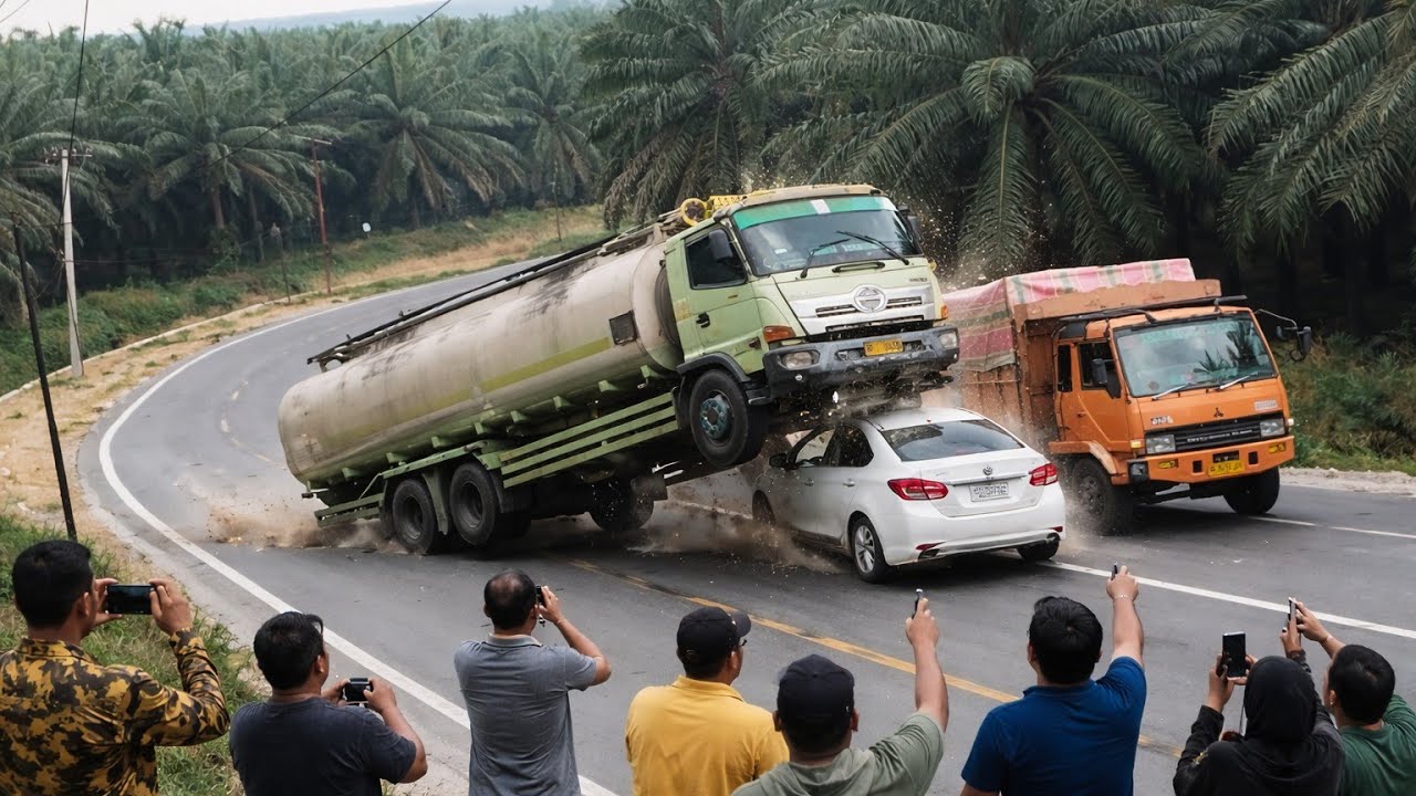 Truck tangki cpo tidak kuat menanjak hampir mundur hampir menyenggol mobil pribadi dari belakang