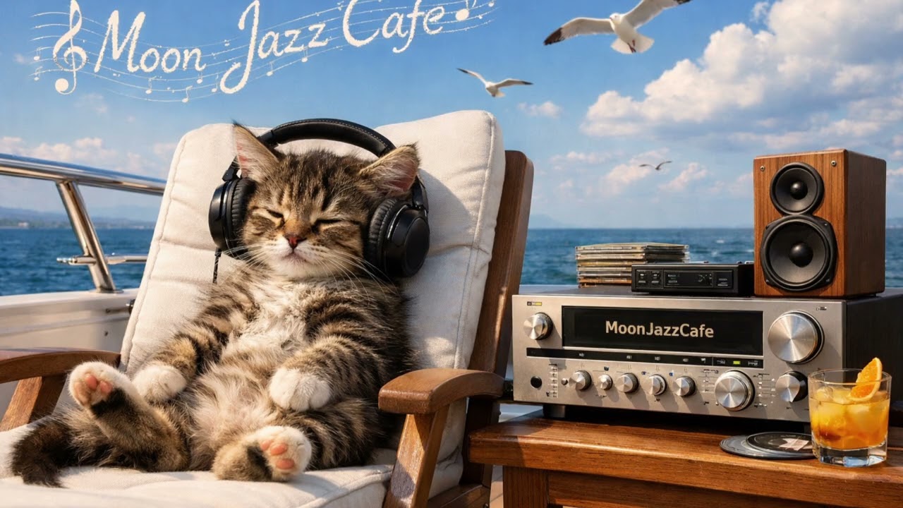 Summer  Smooth Jazz 🌙 Relaxing Guitar Lounge | MoonJazzCafe#chillmusic #cat 