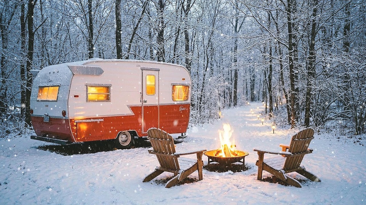 Vintage Camper & Campfire in Snow | 3 Hours | Cozy Winter Ambiance for Sleep & Relaxation