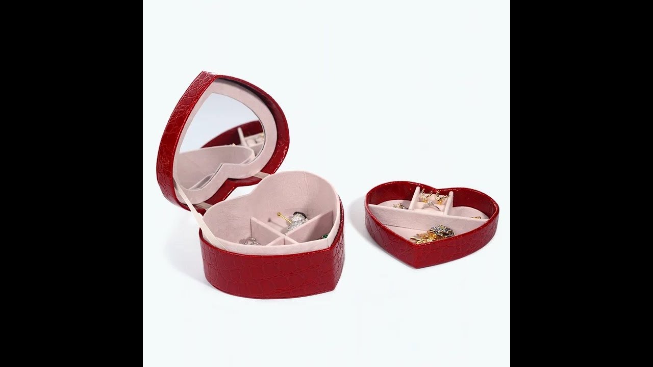 Portable Box Gift  Red Heart Shape 2 Layers Jewelry Box Organizer With Mirror