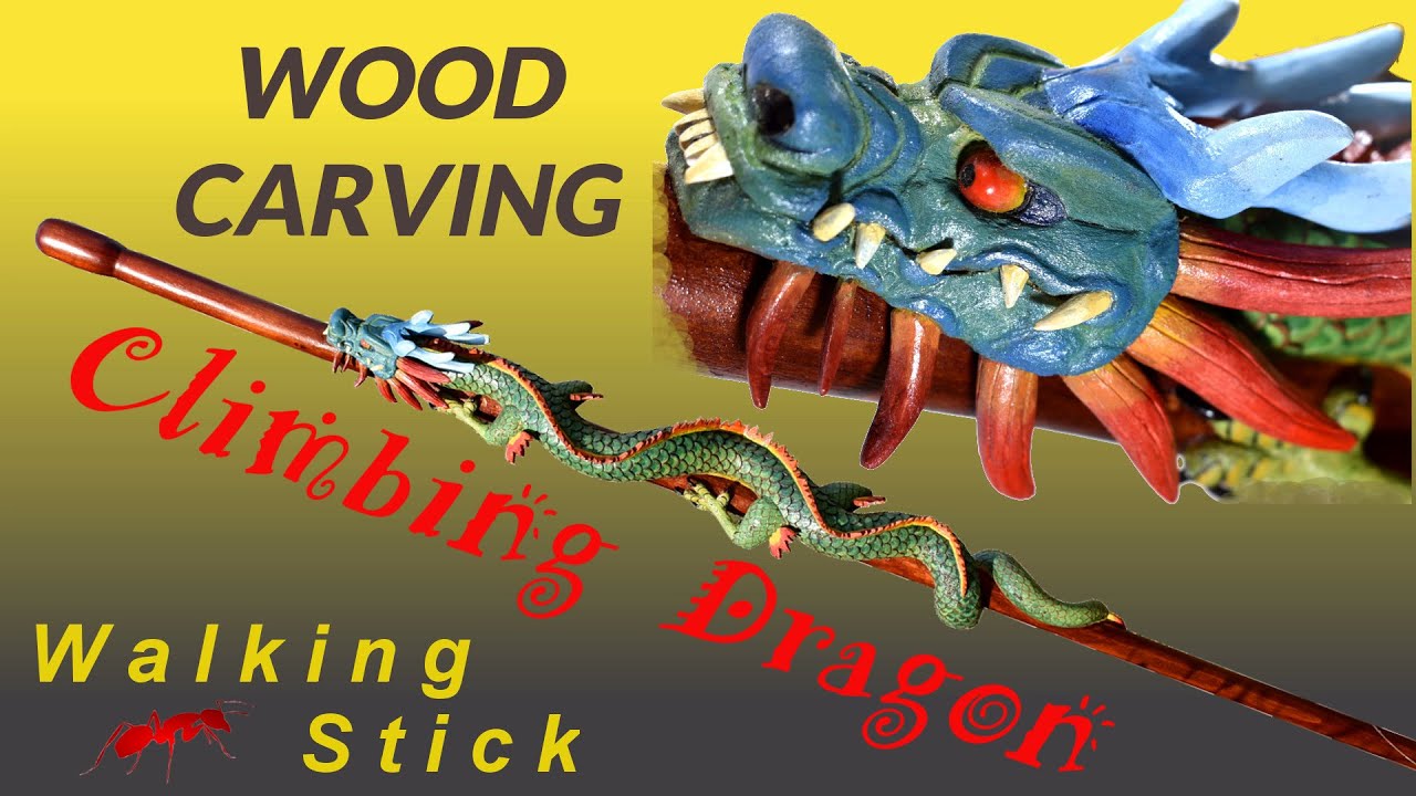 HAND CARVED CHINESE CLIMBING DRAGON WALKING STICK- realistic wood carving art and craft sculpture