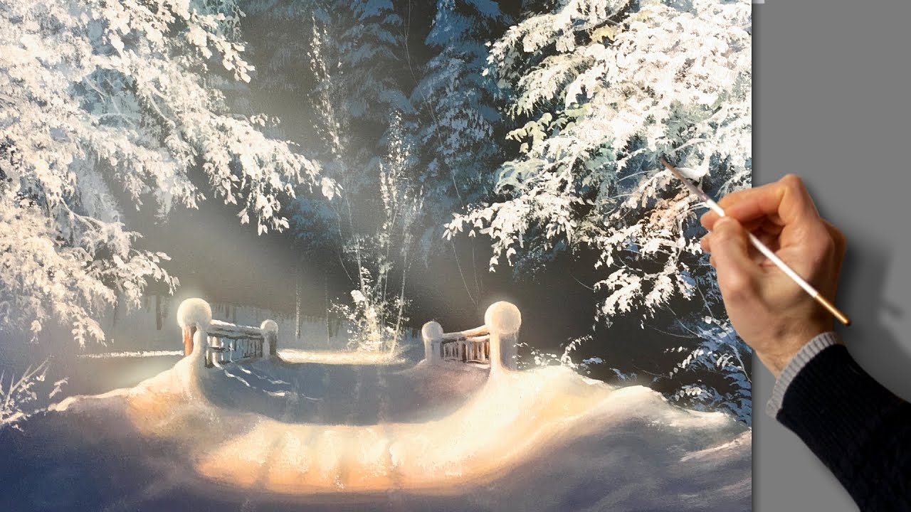 Oil Landscape Painting - Night Winter / Easy Art / Зимний пейзаж маслом. Уроки рисования. Живопись