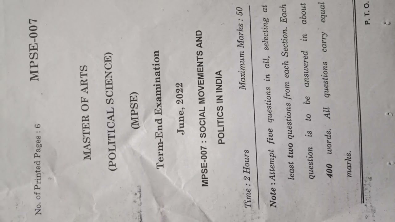 MPSE 007, question paper, Social Movements and Politics in India, June 2022