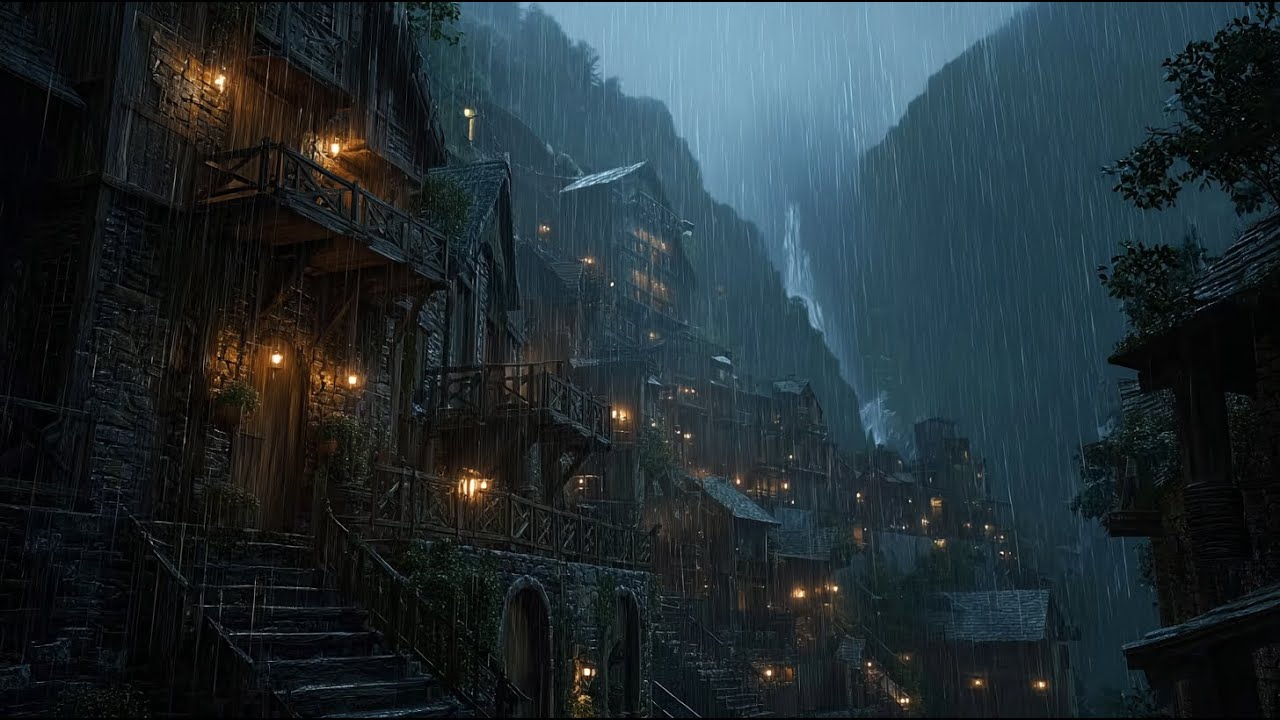 Medieval Mountain Village in Rainstorm 🌧️ | Cozy Rain Ambience for Sleep & Relaxation