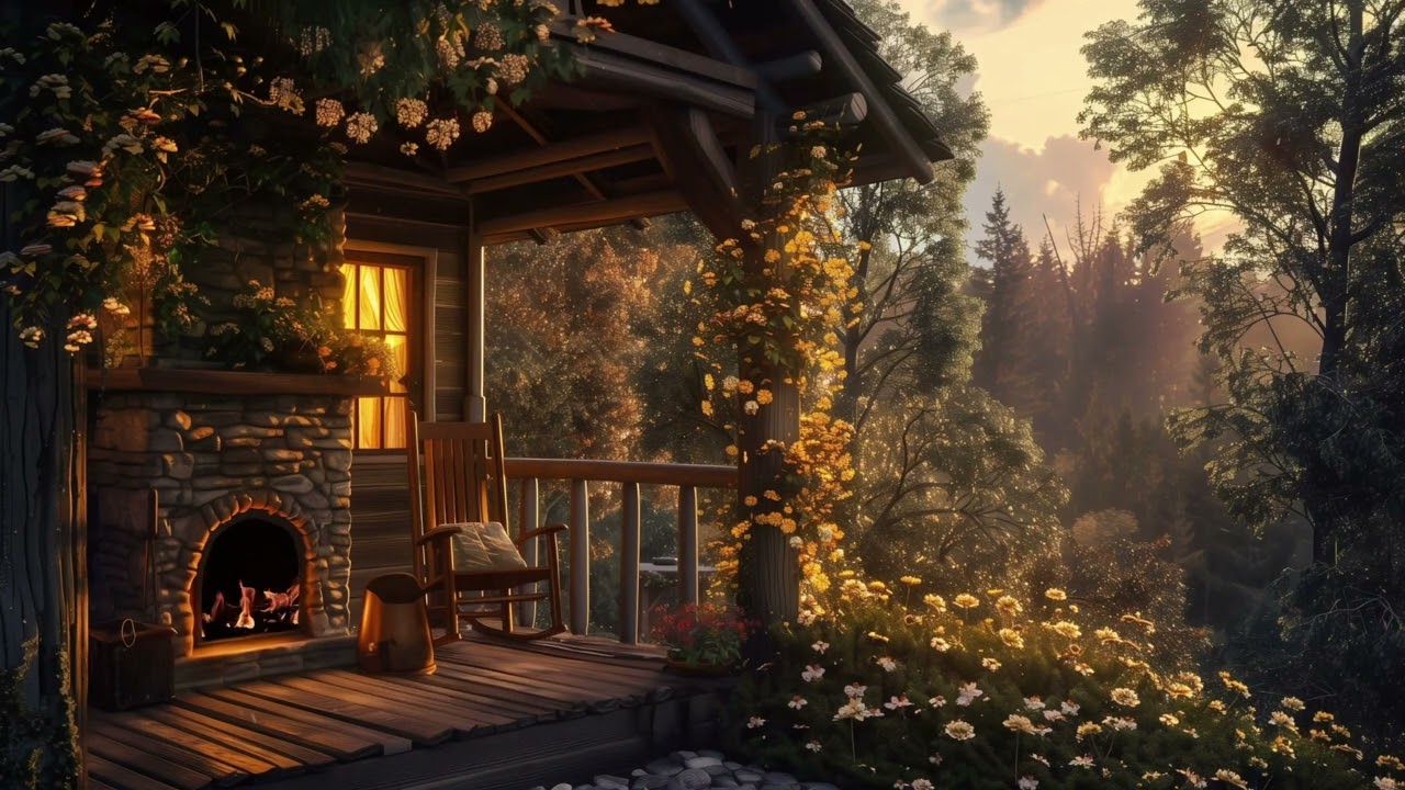 🔥 Cozy Cabin Porch Ambience 4K 4 HOURS | Crackling Fireplace, Birds & Golden Sunset Glow 🔥